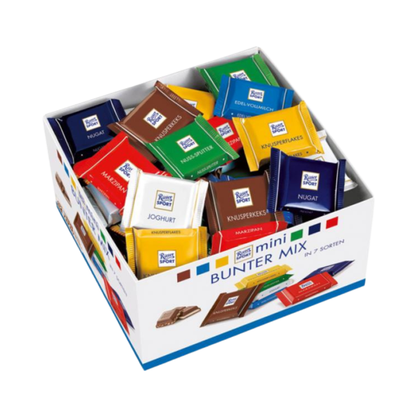 717521 Ritter Sport Mini Bunter Mix, 7 Sorten Vollmilch, Haselnuss, Joghurt, Marzipan, Nugat, Knusperkeks, Knusperflakes, 84 Stueck, 1.4 kg.png